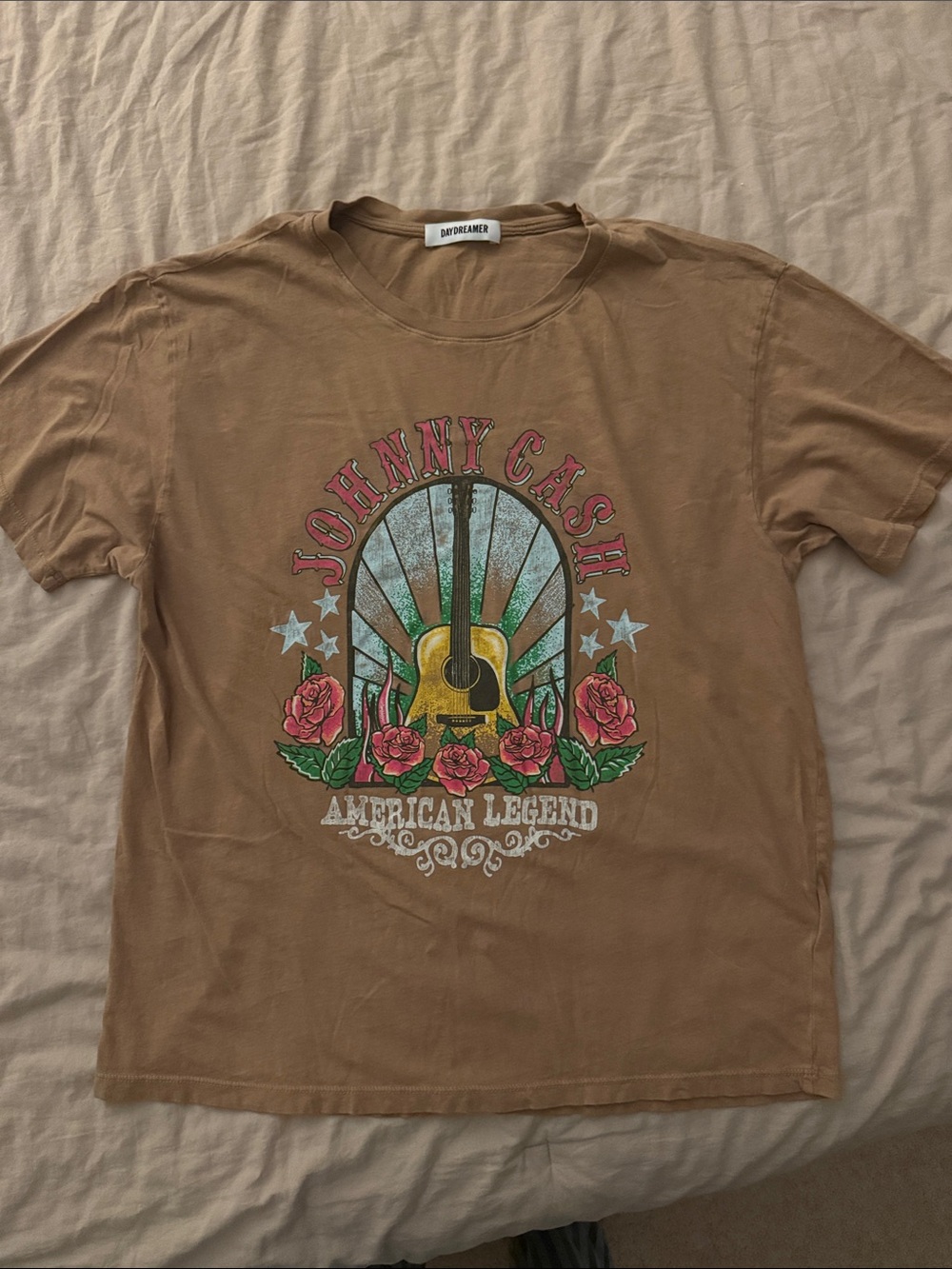 Daydreamer Brown Johnny Cash Graphic Tee with Floral Guitar